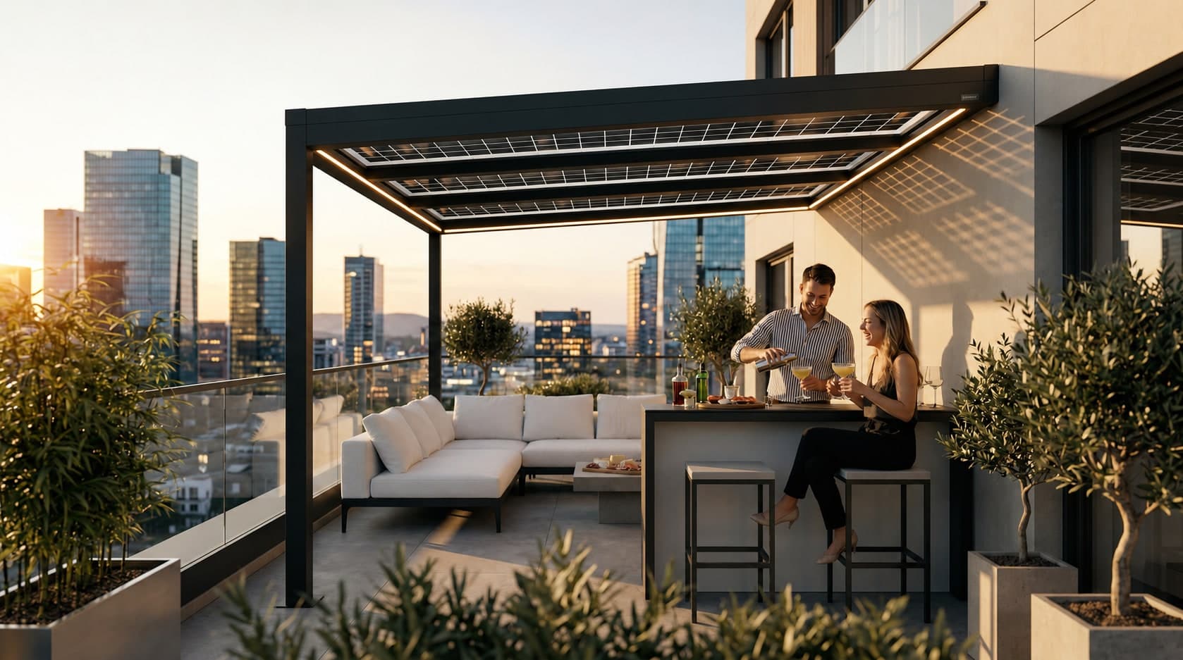Mensen onder een EZIE Solar overkapping op een dakterras
