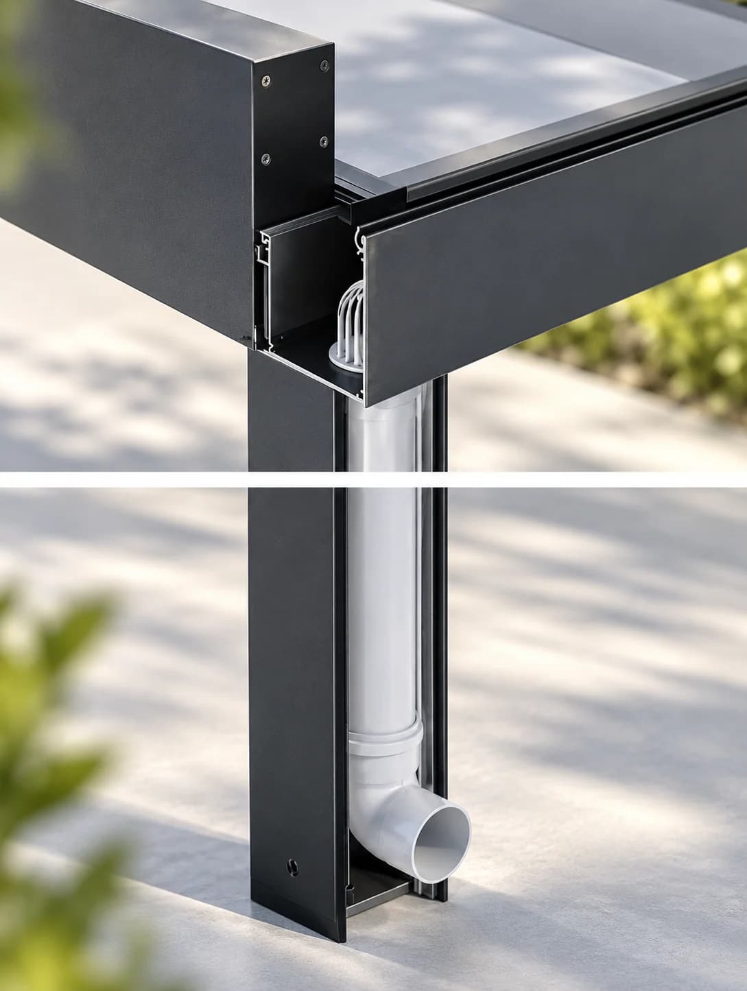 Detail van een donker aluminium Skylva-profiel en glasconstructie