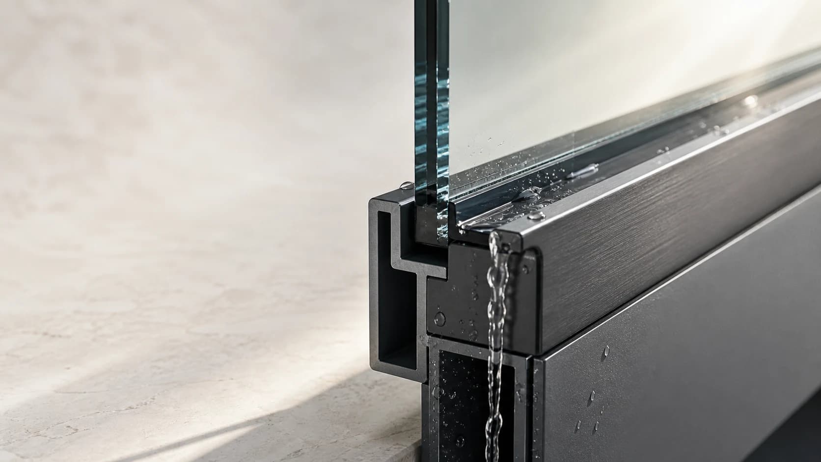 Detail van een donker aluminium Skylva-profiel en glasconstructie